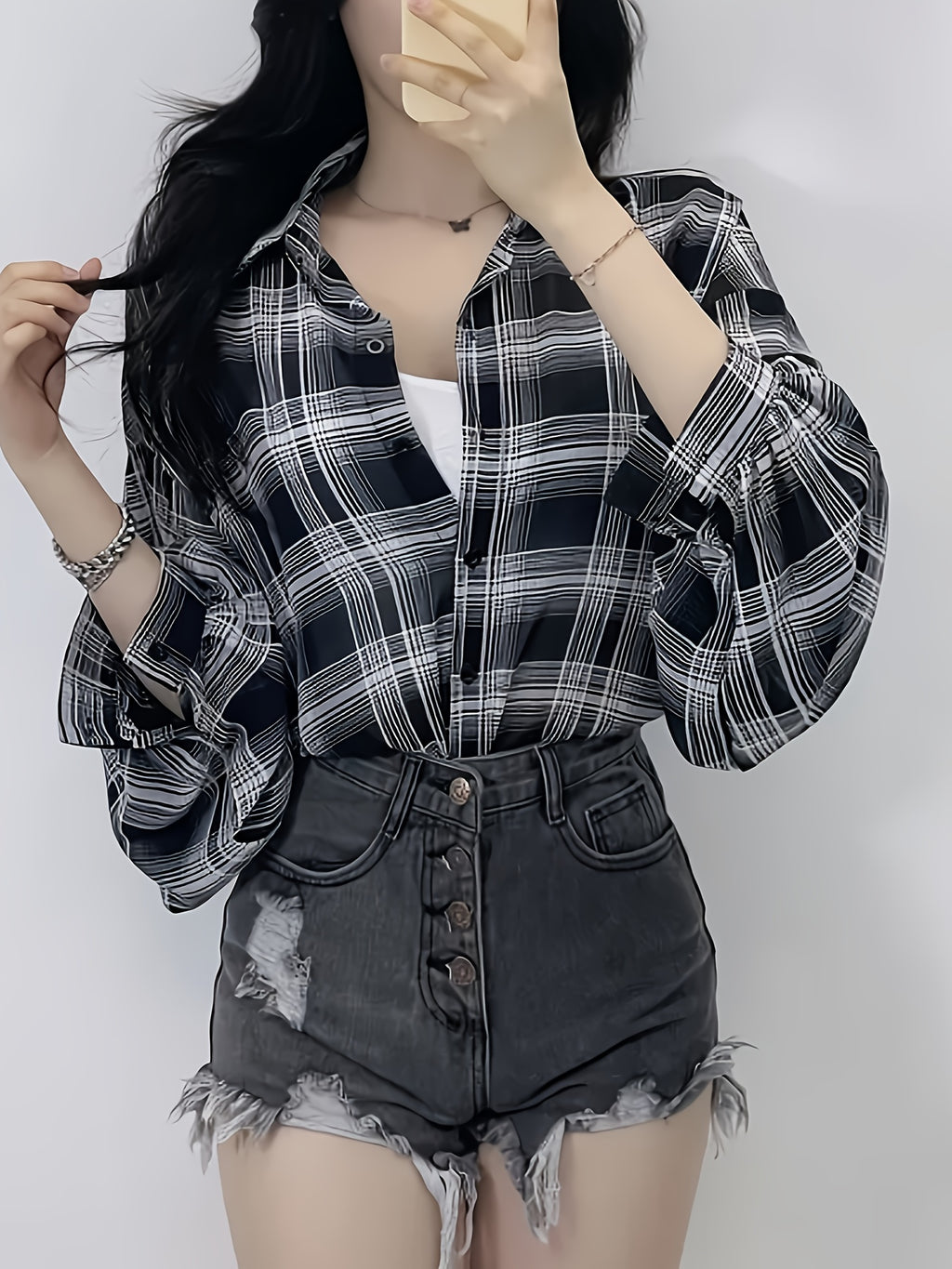 Chiffon Plaid Print Sheer Blouse Top Sunscreen Shirt - Black