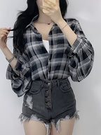Chiffon Plaid Print Sheer Blouse Top Sunscreen Shirt - Black