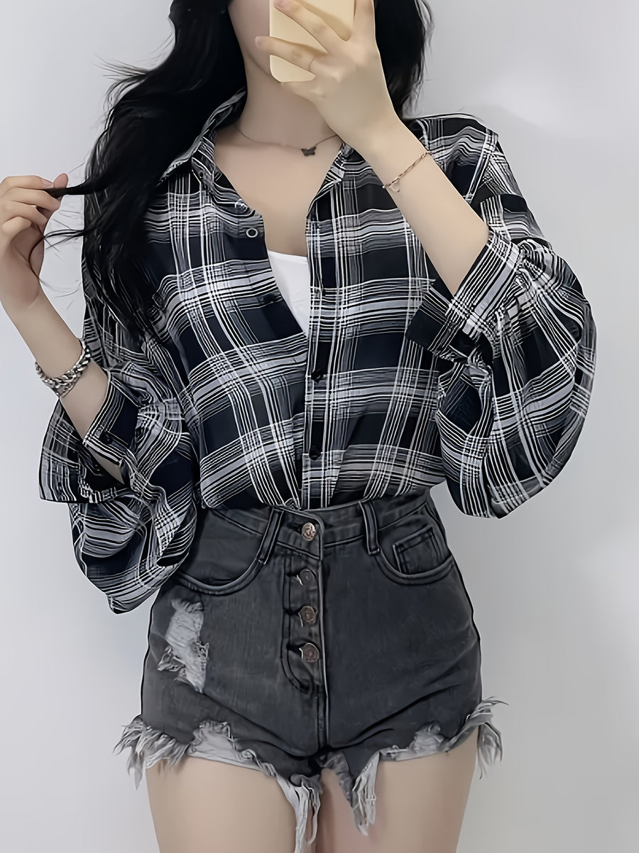 Chiffon Plaid Print Sheer Blouse Top Sunscreen Shirt - Black