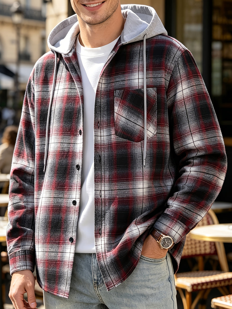 Men'S Hooded Plaid Shirt Jacket, Classic Color-Block Checkered Design, Layered And Practical, Loose Drop Shoulder Fit, Easy And Elegant Chest Pocket Detail, Suitable for Spring/Autumn Daily Commute, Casual Outings, And Dates - Black And Red Grid