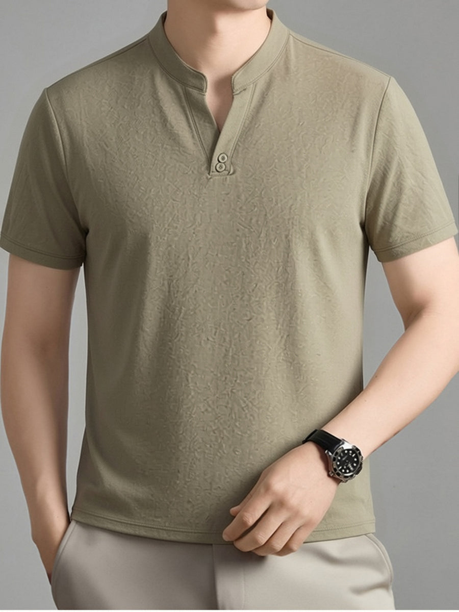 Men's Summer Short-Sleeve T-Shirt, Featuring a Stand-up Collar and Henry Collar Dual Design, with a Comfortable Texture Suitable for Both Business and Casual Wear - Khaki