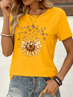 Sunflower Pattern Print - with Bow Design - Casual Round Neck, Short Sleeve, Spring/summer Fashion T-shirt - Yellow