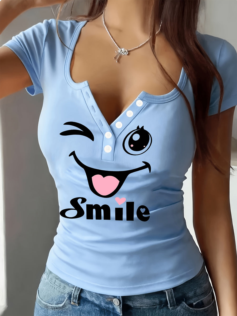 Artistic Smiling Face Pattern, Women'S Hot Outfit with Sexy Design And Buttons, Non-V-Neck Women'S T-Shirt, Suitable for All Four Seasons, Revealing Y20K/Casual/Sports/Commuting/Fashionable/Elegant, Comfortable And Breathable Gift - Sky Blue