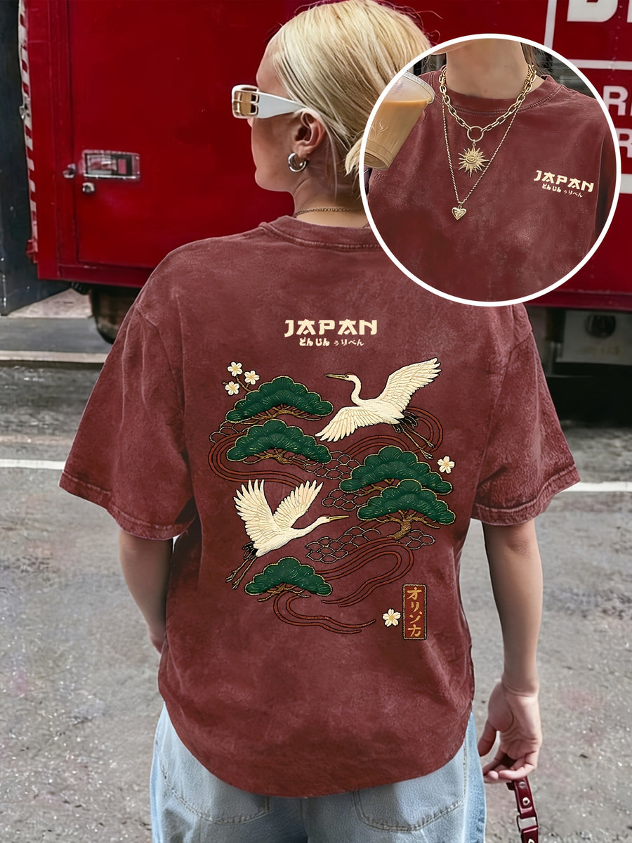 2026 Fashionable Trendy New Distressed Design Japanese Crane Pine Branch Print American Vintage Street Style Women'S Distressed All-Match Casual Retro Short Sleeve T-Shirt - Maroon 2