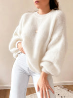 French Lazy Round Neck Sweater Early Autumn Early Winter Oversized Lantern Long Sleeve Women'S Soft Plush Skin-Friendly -Concealing Single Piece Versatile Inner Wear Outer Wear Commute Date Travel Casual Relaxed Atmosphere Pullover Top ASD1 - White