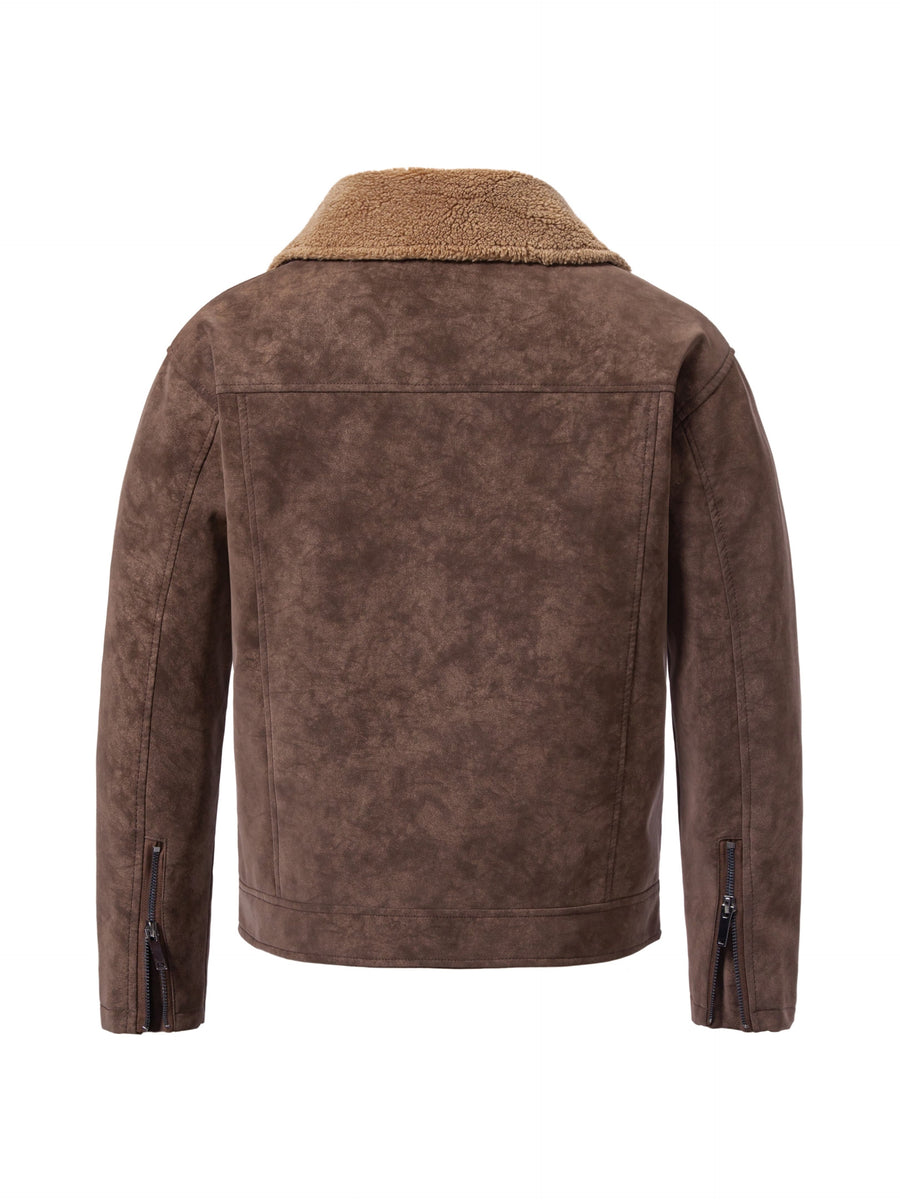 Men'S Slant Zipper Faux Suede Motorcycle Jacket, Lambskin Lining Large Lapel, Zip-Up Pockets Casual Riding Coat - Coffee Color