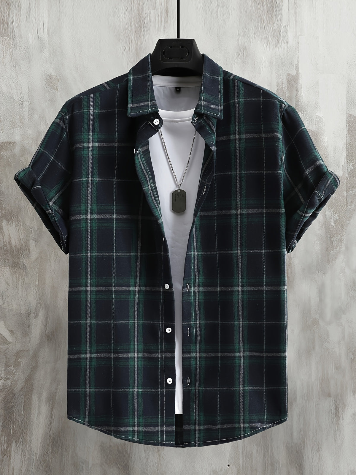 Men'S Casual Preppy Style Plaid Print Basic Color Short Sleeve Collared Shirt, Spring Summer Loose Fit Short Sleeve Checkered Pattern, Button-Front Closure, Classic Collar, Suitable for Casual And Semi-Formal Wear - Dark Green