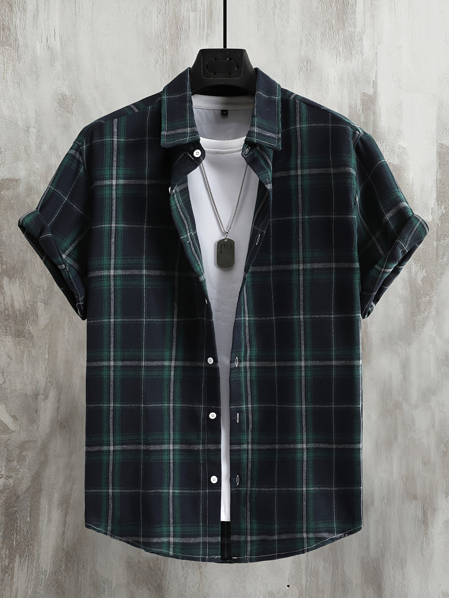 Men'S Casual Preppy Style Plaid Print Basic Color Short Sleeve Collared Shirt, Spring Summer Loose Fit Short Sleeve Checkered Pattern, Button-Front Closure, Classic Collar, Suitable for Casual And Semi-Formal Wear - Dark Green