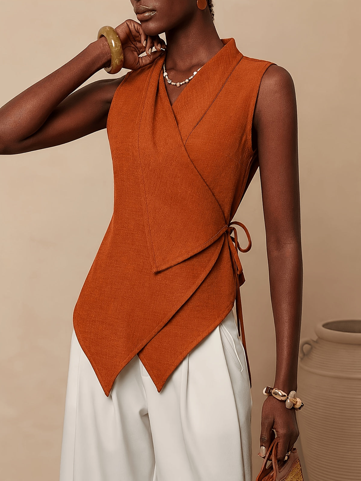 Women'S Solid Color Knotted Asymmetrical Hem Casual Versatile Daily Wear Shirt - Orange red