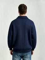 Men'S Vintage Jacquard Knit Lapel Sweatshirt Loose Fit Half-Button Textured Pullover Top Casual Street Style Long Sleeve Lapel Sweater - Navy Color