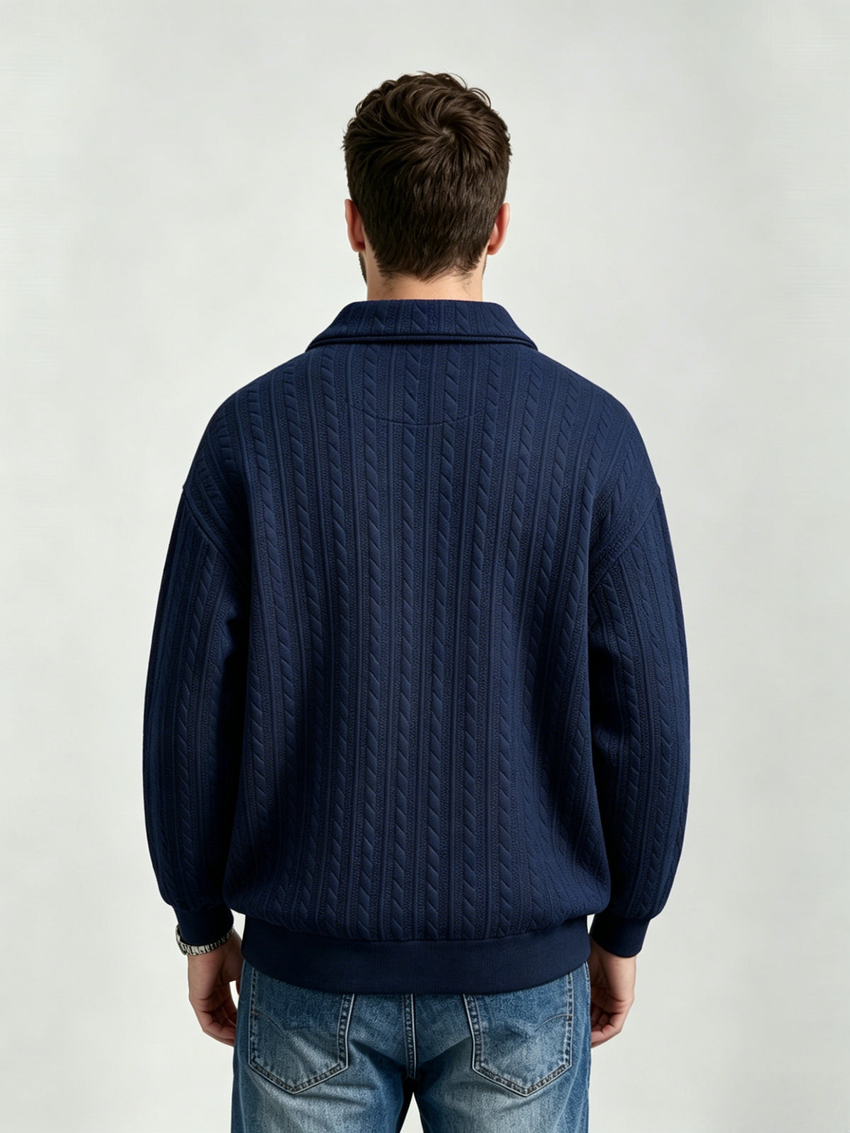 Men'S Vintage Jacquard Knit Lapel Sweatshirt Loose Fit Half-Button Textured Pullover Top Casual Street Style Long Sleeve Lapel Sweater - Navy Color