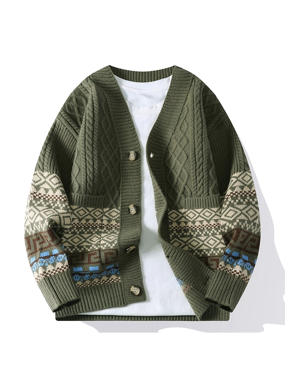 2026 Spring New Arrival Men's Knitted Cardigan, Patterned Outerwear Top - Green