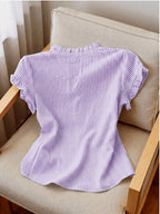 Women's Ruffle Collar Short Sleeve Single-Breasted Striped Shirt, Summer - Violet