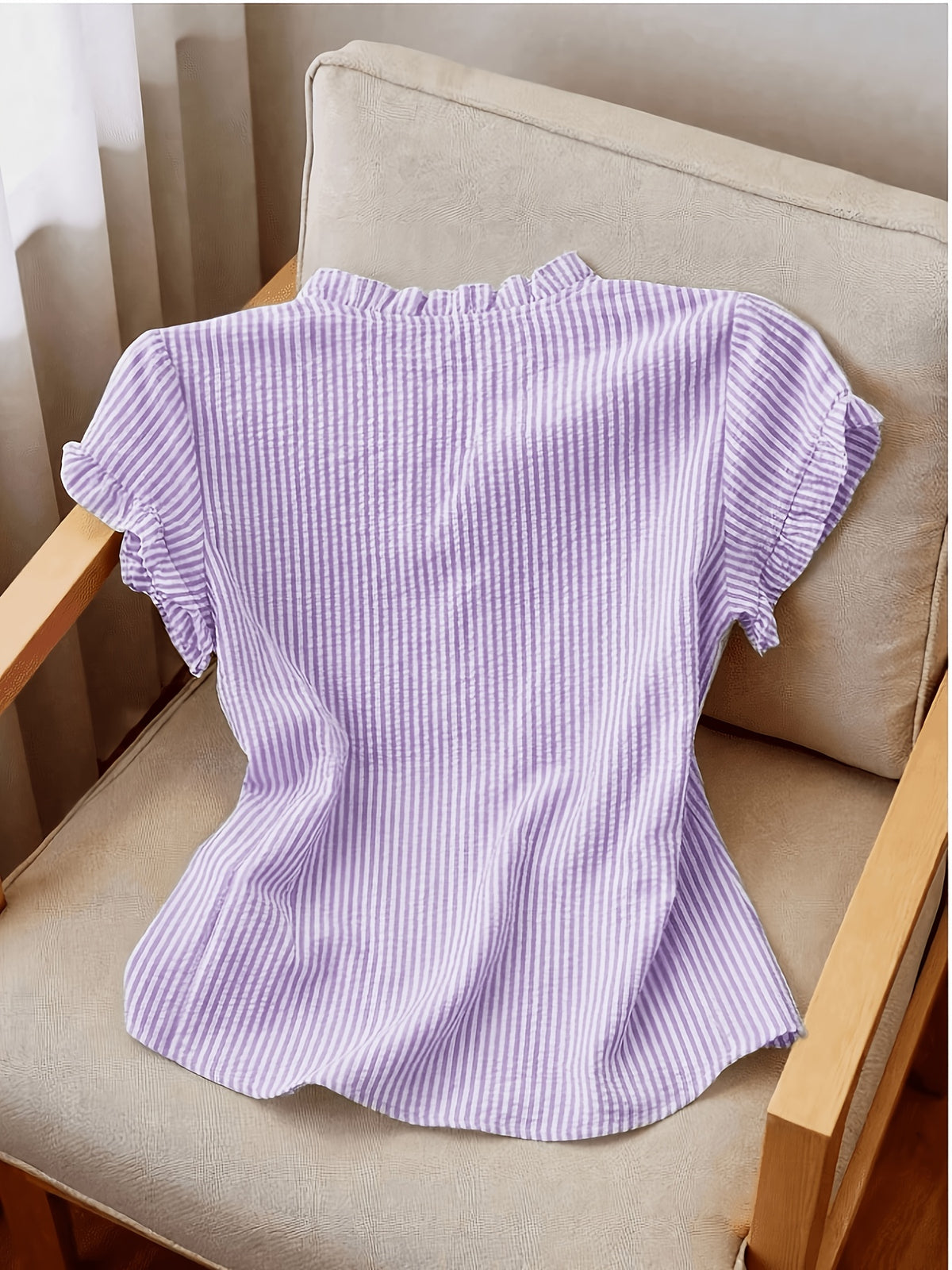Women's Ruffle Collar Short Sleeve Single-Breasted Striped Shirt, Summer - Violet