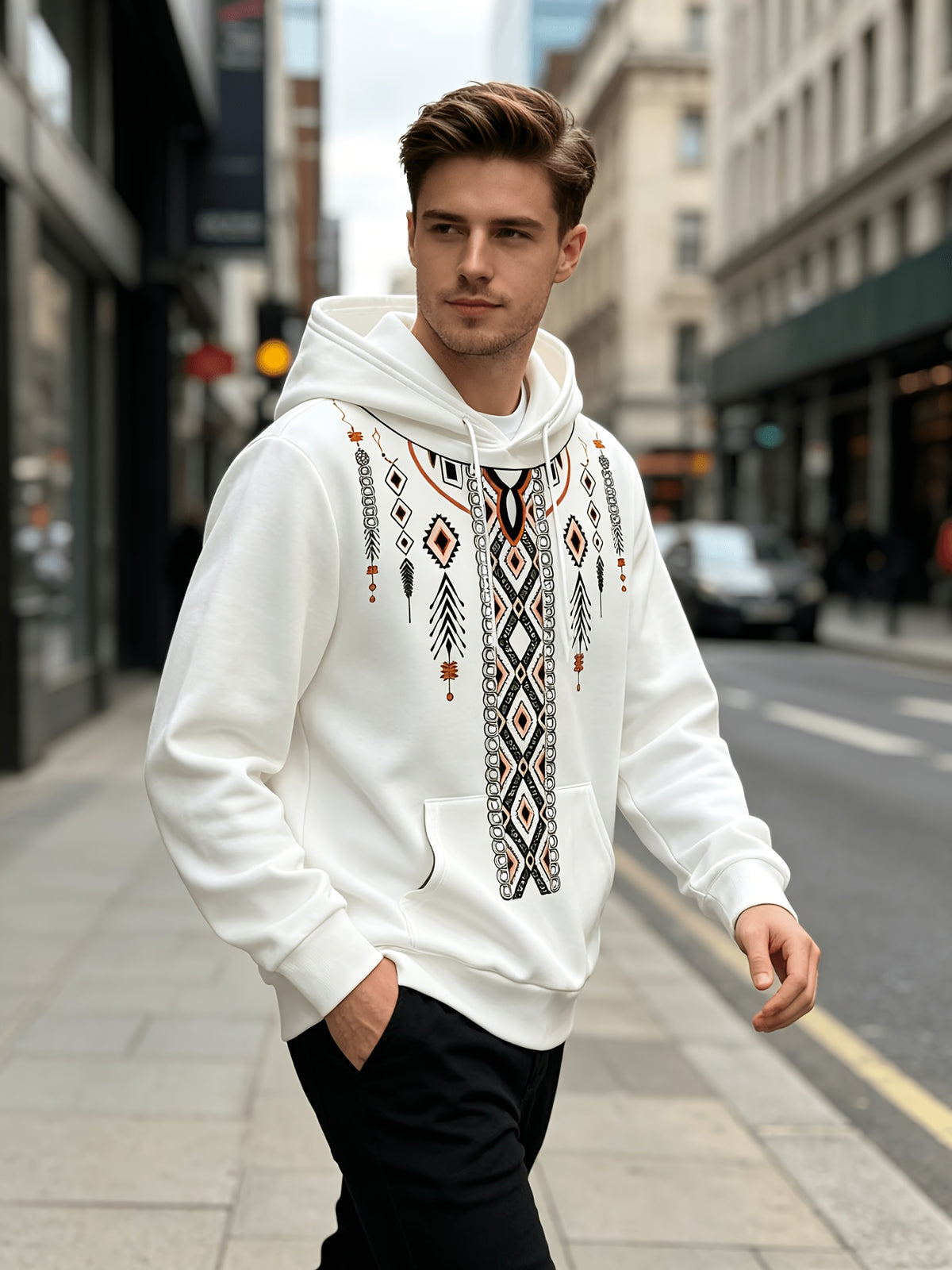 Men'S Fashionable Hoodie with Stylish Ethnic Geometric Pattern Print Casual Long-Sleeve Pullover Streetwear - Mixed colors
