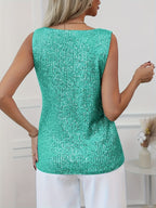 Sequin V-neck Vest, Elegant and Sexy Sleeveless Top, Suitable for Summer and Spring, Women's Clothing - Dark Cyan
