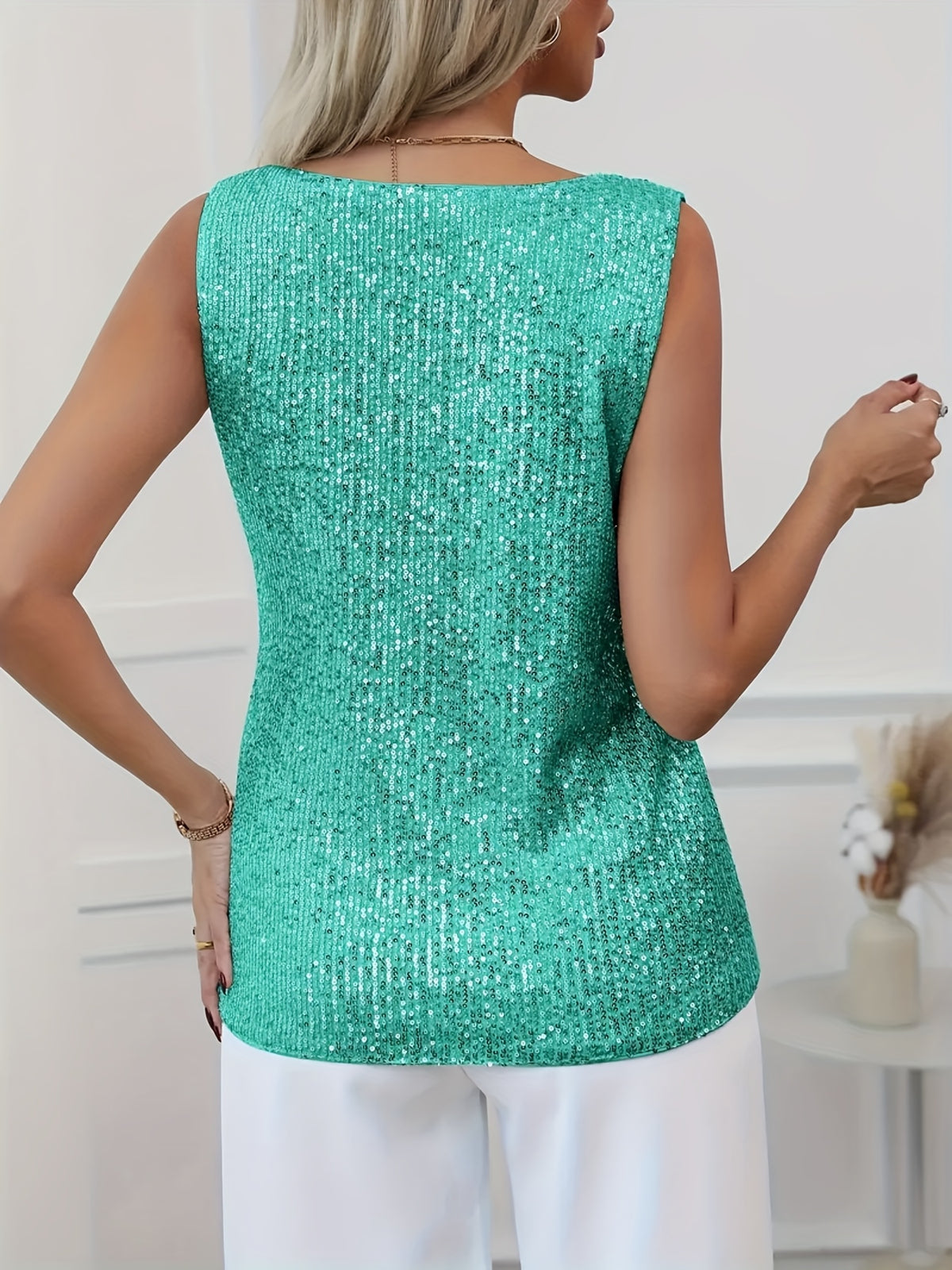 Sequin V-neck Vest, Elegant and Sexy Sleeveless Top, Suitable for Summer and Spring, Women's Clothing - Dark Cyan