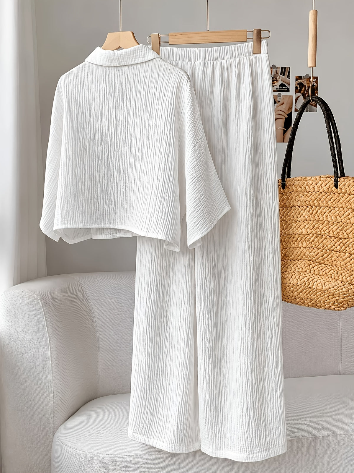 Plus Size, Plus Size - New Spring/Summer Solid Color Wrinkled Short Lapel Shirt and Elastic Waist Wide-Leg Pants 2pcs Set - Casual Loungewear Vacation Outfit - White