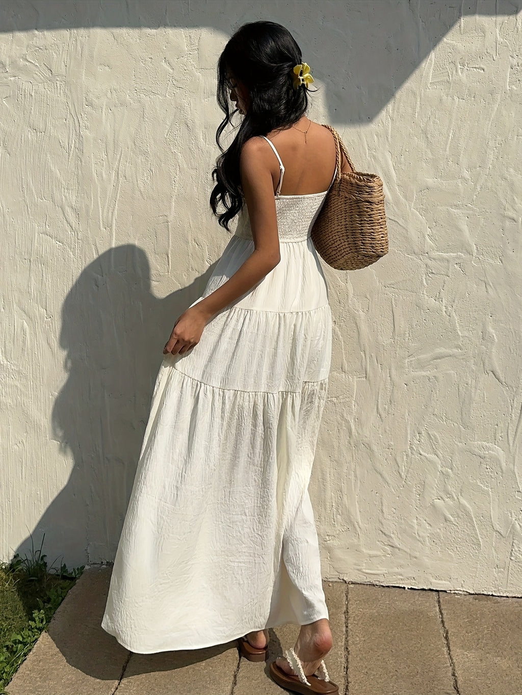 Textured Fabric, Ruched Elastic Waist, Sleeveless Dress, Loose-fitting Effect, Vacation Style - White