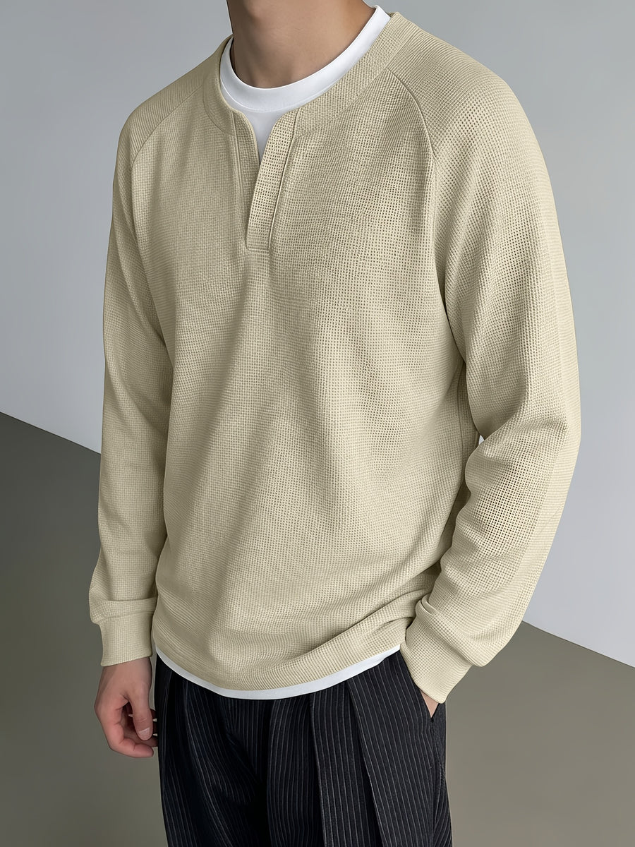 Men's Minimalist Korean Henley Collar Long Sleeve Top Waffle Knit Breathable Raglan Sleeve Casual Sweatshirt for Spring Autumn Daily Commute Layering Wear - Apricot