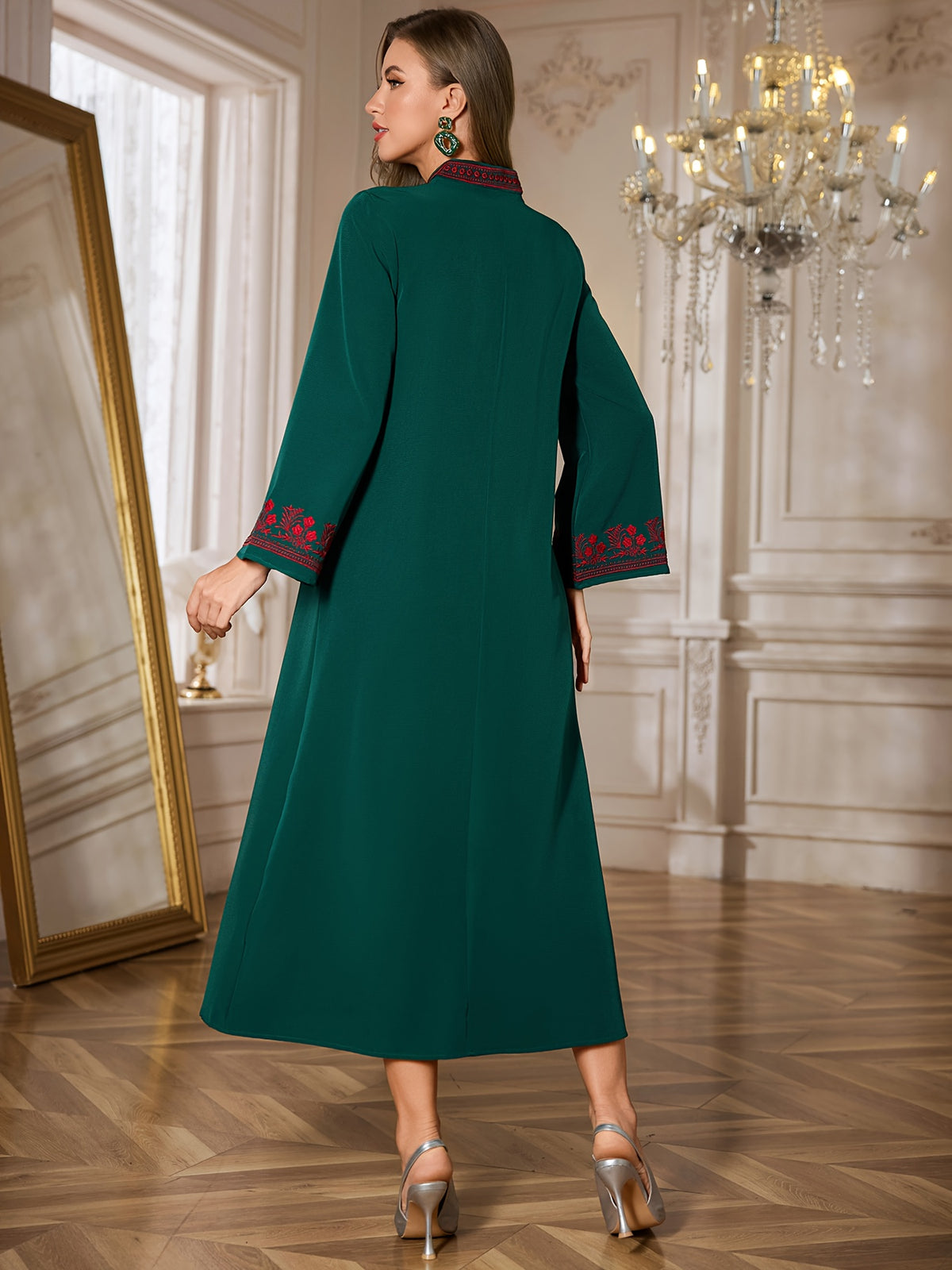 Middle Eastern Special Al Najma Women'S Floral Embroidered V-Neck Abaya Long Robe with Long Sleeves, Elegant Kaftan Style Turkish Gown for Women - Dark Green