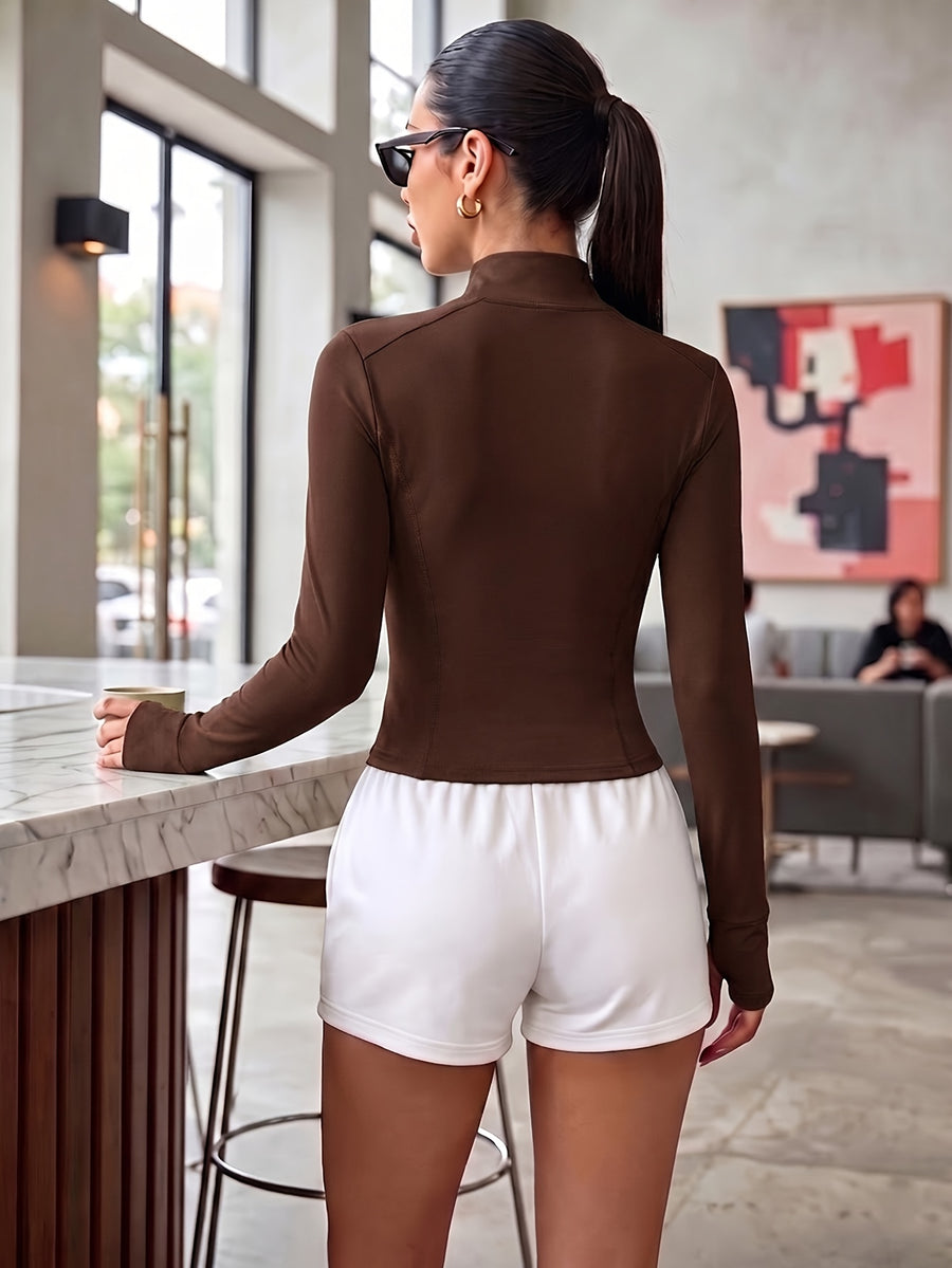 Ymjiglea Sporty Casual Style Slim-Fit Zipper Jacket, Four Seasons Versatile Stand Collar Jacket,, Sleek, and Comfortable - Coffee Color
