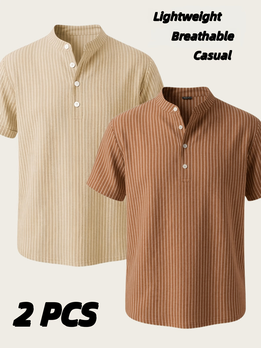 Josh Rose OBM 2pcs Men's Henley Shirts, Men's Summer Short Sleeve Regular Fit, Lightweight and Breathable, 95% Linen, Solid and Striped in Black and White, Features 4 Buttons, Suitable for Summer Daily Work, Casual, and Vacation Occasions - Khaki+Coffee