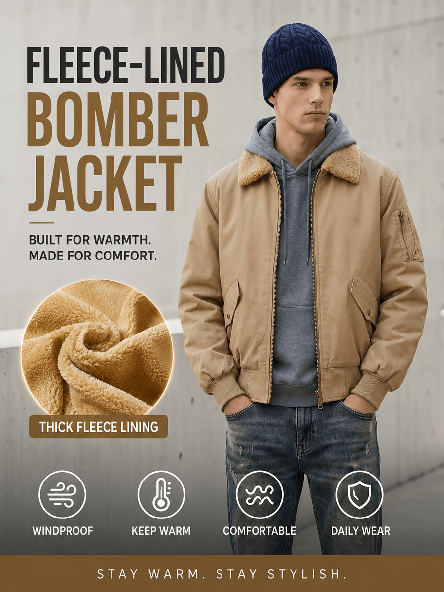 Men'S Autumn Winter Jacket Fleece Bomber Jacket Faux Lamb Shear Fleece Windproof Warm Jacket - Yellowish-brown