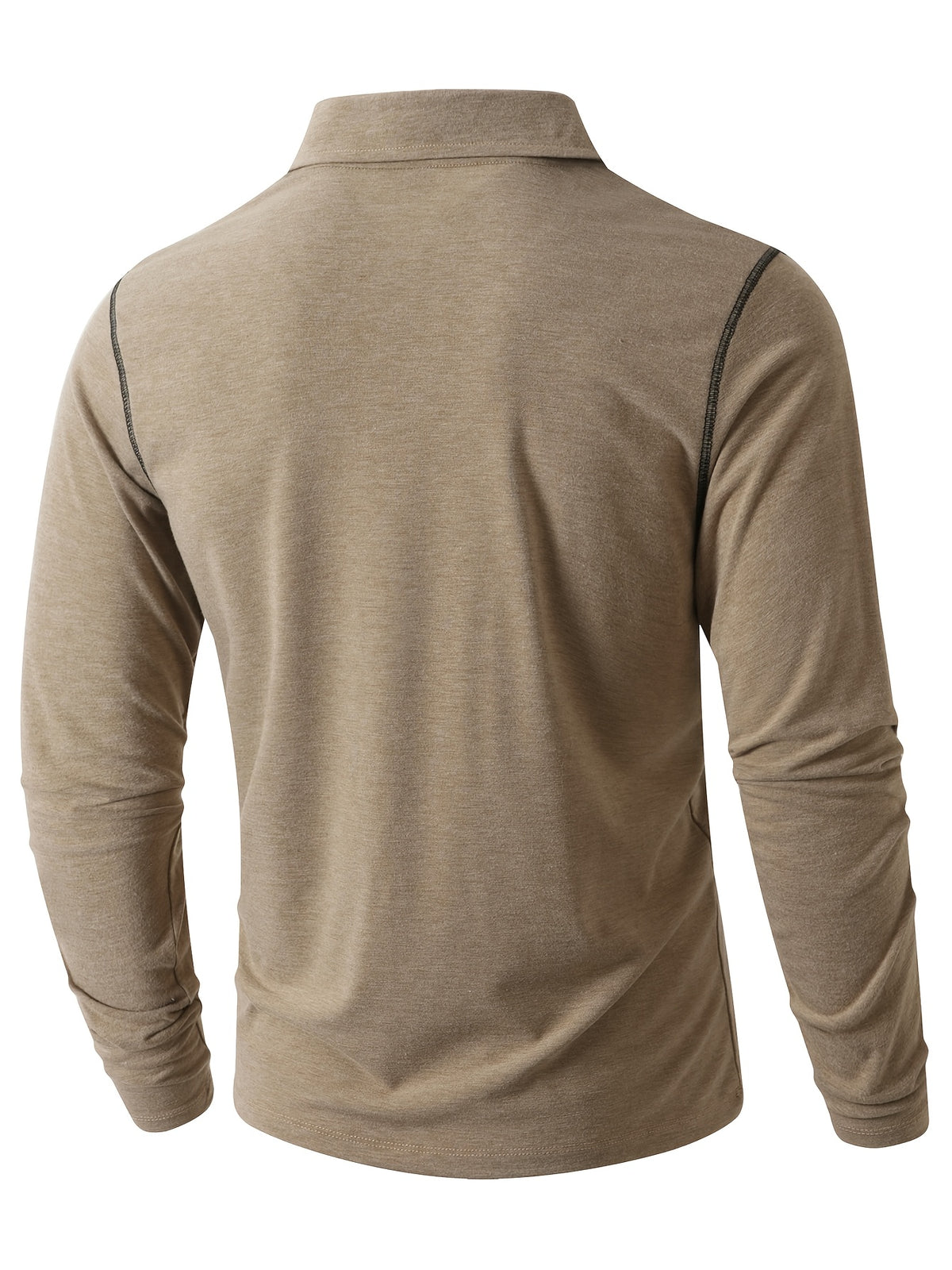 KJ-P029 Men's Long Sleeve Henley Shirt with Contrast Color Placket and Pocket Design, Stretchy, Comfortable, and Casual Polo for Daily Commuting Wear - Khaki