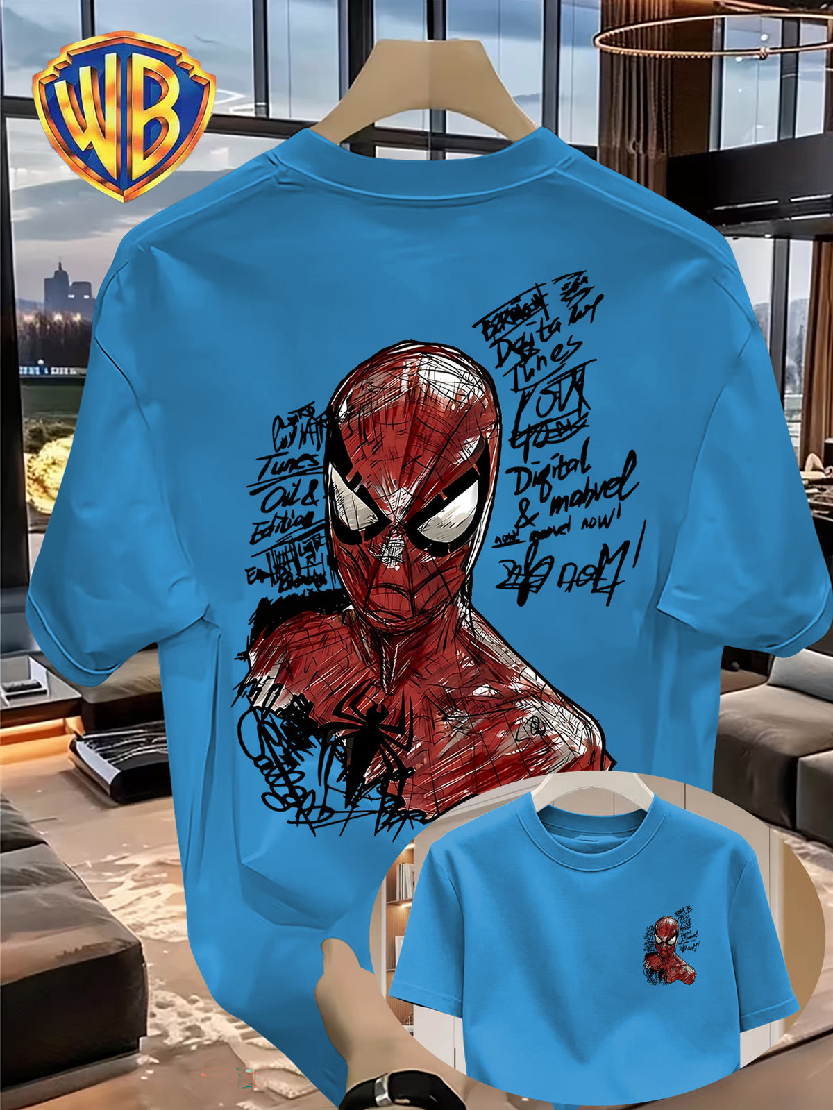 Hand-Drawn Line Art Retro Anime Front And Back Print, Summer Men'S Casual T-Shirt, Men'S Fashion Short Sleeve, Men'S Trendy Top, Loose Short Sleeve, Comfortable, Casual, Commute, Vacation, Premium, Couple Style, Student, Holiday, Gift, All Seasons - Peacock Blue