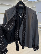 Polka Dot Ribbon Design Women's Blazer, Cropped Spliced Casual Commuter Versatile Blazer Top - Dark Gray