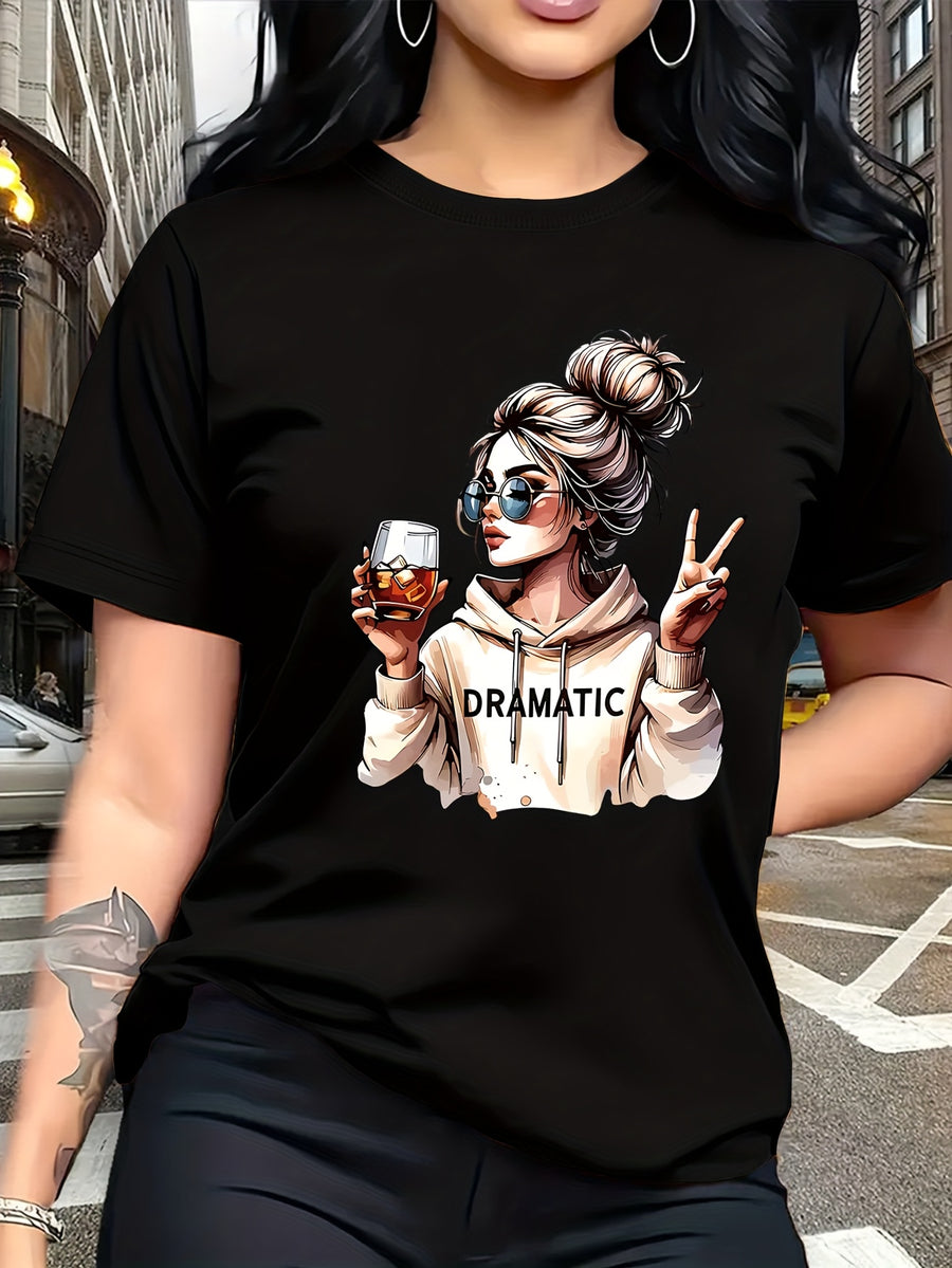 Street-style Trendy Art Print Featuring a Woman with a Bun Hairstyle and Fashion Glasses Holding a Red Wine Glass. Simple Round-neck Casual Versatile Short-sleeve Women's T-shirt, Suitable for Leisure, Travel, Vacation, and Other. 11643 - Black