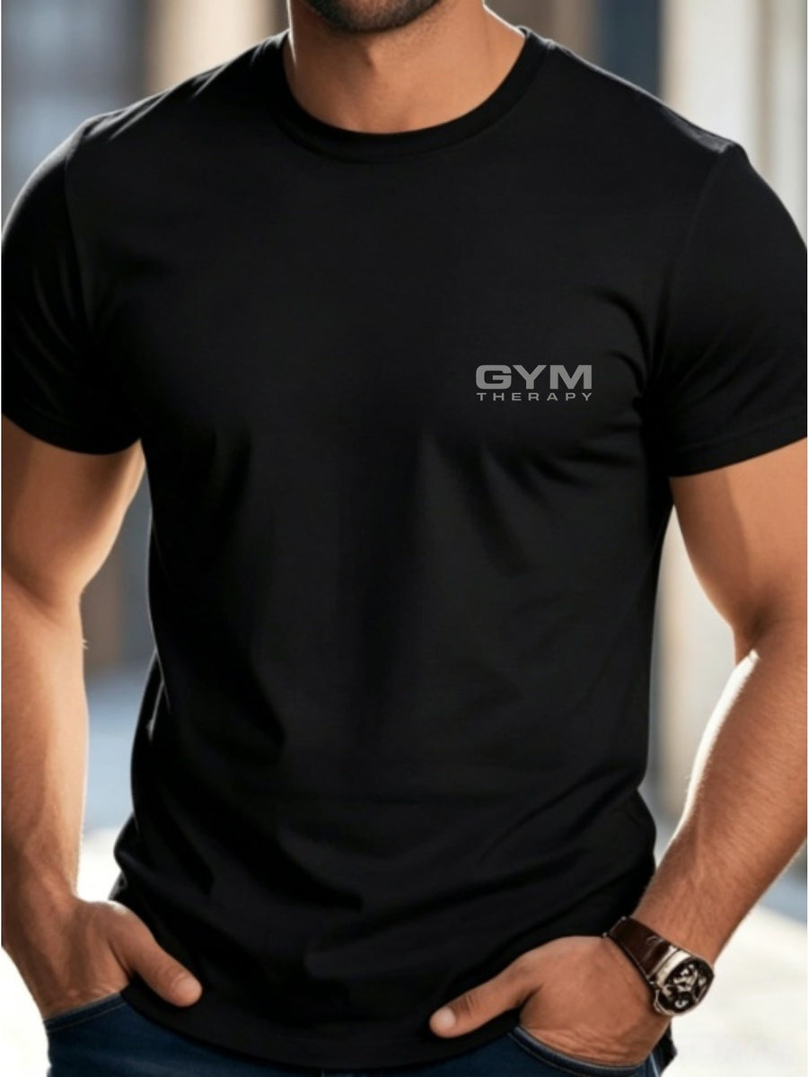 Easy Style GYM THERAPY Letter Pattern Print Men'S T-Shirt, Casual Top, Men'S Patterned T-Shirt, Summer, Comfortable And Breathable Short Sleeve T-Shirt, Fashionable Men'S Casual Top, Summer Fashion Outdoor Short Sleeve - Black