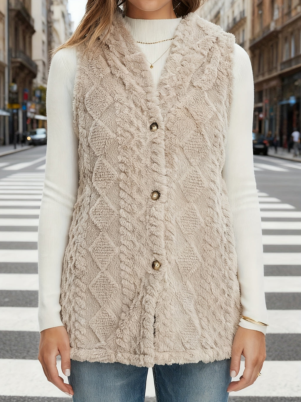 European And American Fashion Solid Color Double-Sided Plush Hooded Button Cardigan Autumn And Winter Warm Vest - Khaki