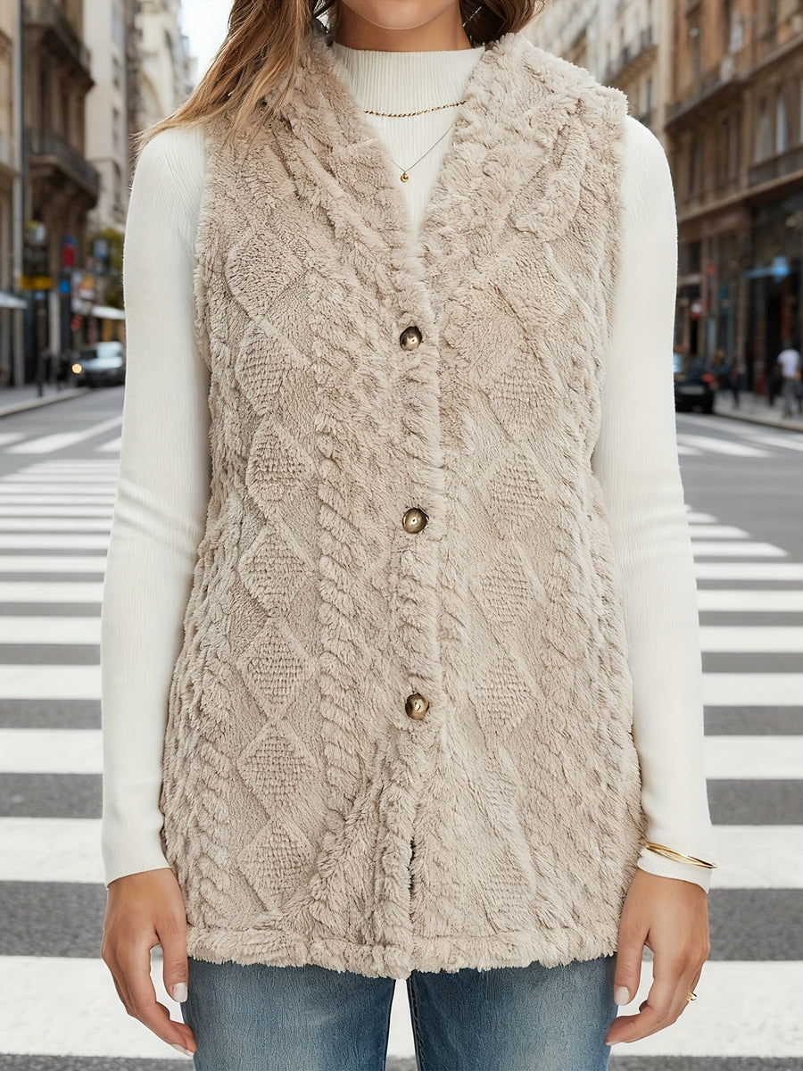 European And American Fashion Solid Color Double-Sided Plush Hooded Button Cardigan Autumn And Winter Warm Vest - Khaki