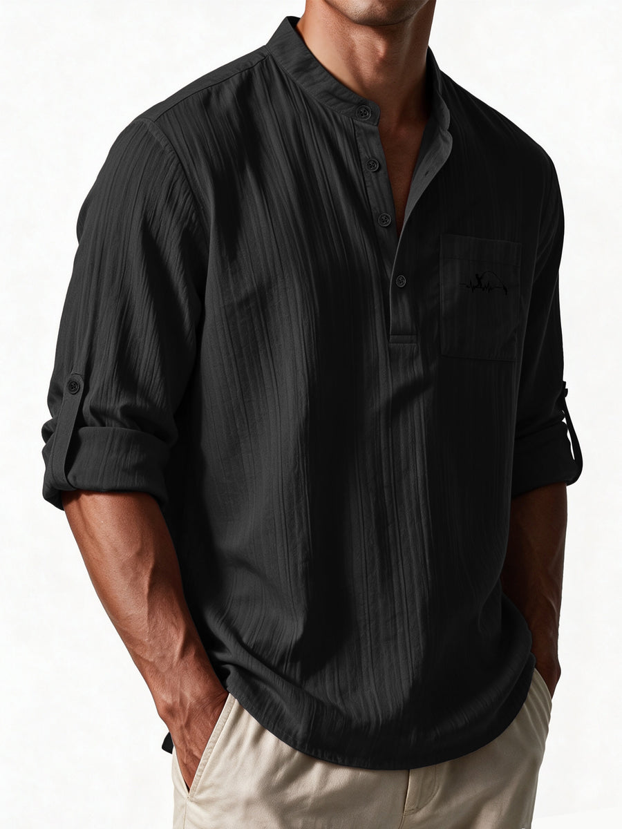 Men'S New Fashion Trendy Long Sleeve Small Lapel Shirt, Fishing ECG Print, Breathable Comfortable Fabric Button-Up Top - Dark Gray
