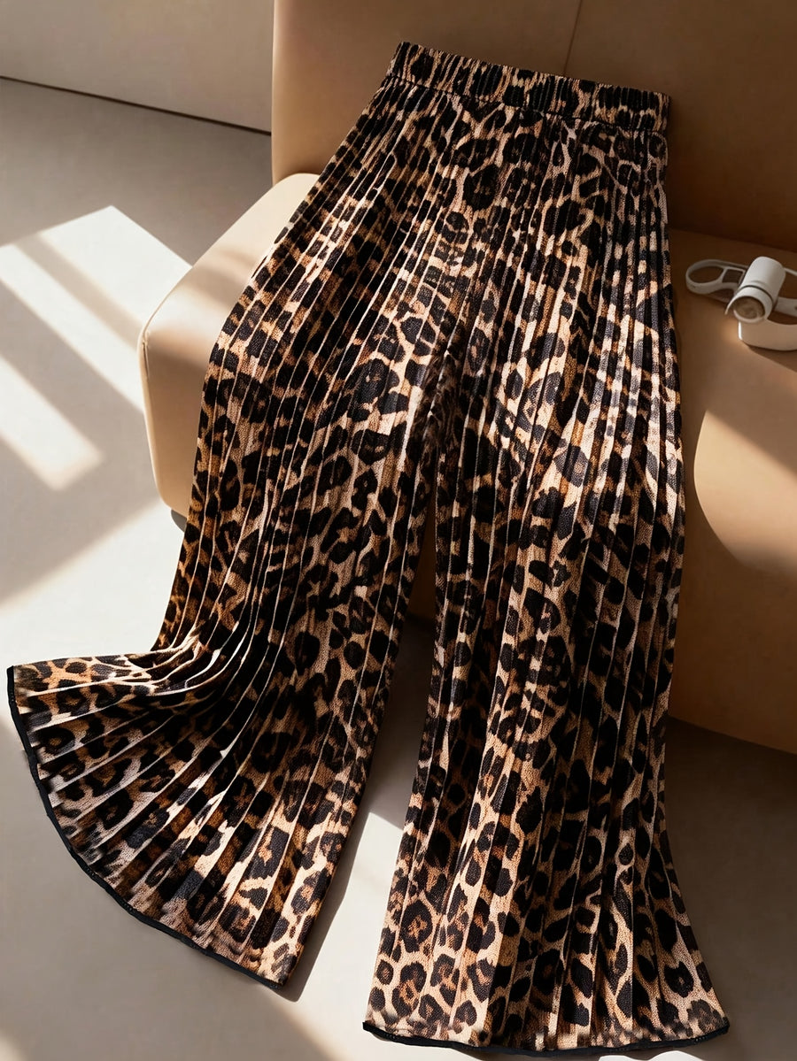 Pleated Extra-Long Wide-Leg Pants, Casual & Versatile High Waist Pants For Daily Wear, Women's Clothing - Leopard Print