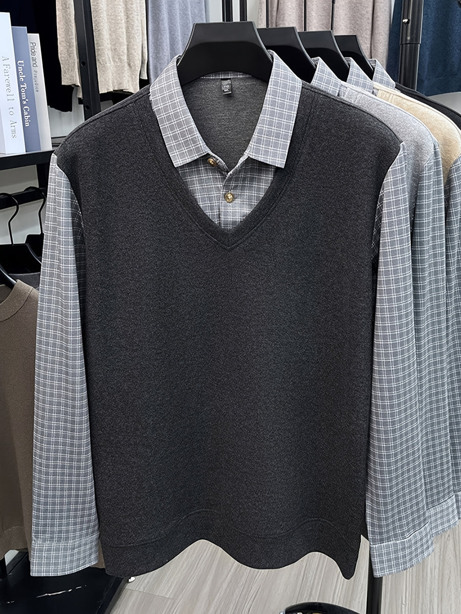 Men'S Plaid Shirt Collar Faux Two-Piece Knit Long Sleeve, Business Casual Fit for Most Body Types, Suitable for Single Wear Or Layering - SINBOS - Graphite gray