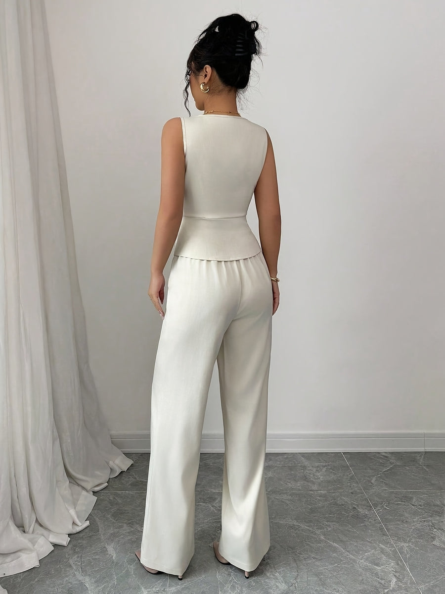 Sleeveless Elegant Vest And Women'S Pants Set, Summer Office Wear - White