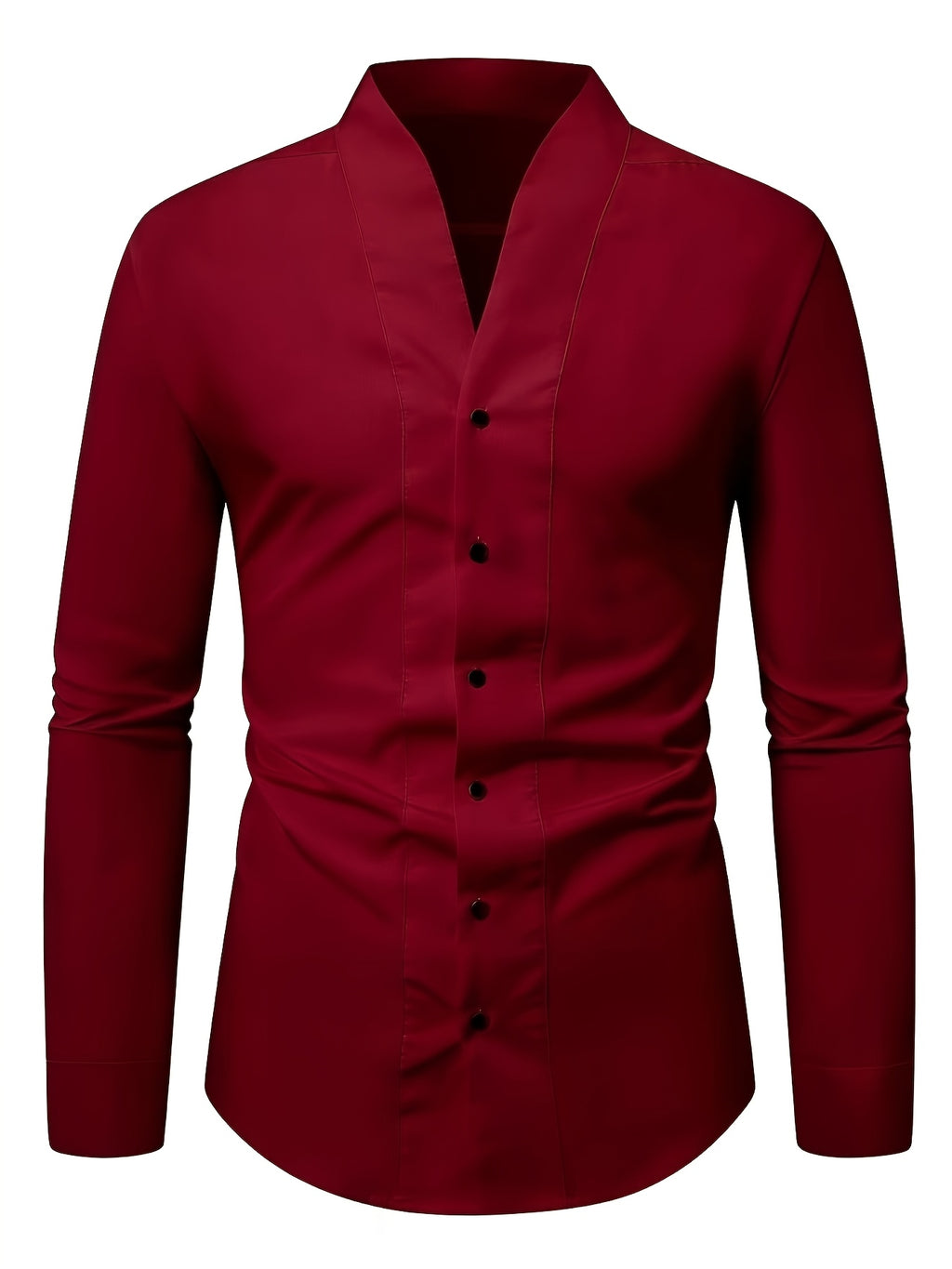 Men'S Solid Color V-Neck Shirt Casual Business Formal Shirt Slim Fit Long-Sleeved Social Party Shirt, Soft And Skin-Friendly Fabric, Suitable for Wearing in All 4 Seasons, Autumn, Stretchy, Office, Button - Burgundy
