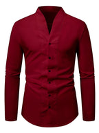 Men'S Solid Color V-Neck Shirt Casual Business Formal Shirt Slim Fit Long-Sleeved Social Party Shirt, Soft And Skin-Friendly Fabric, Suitable for Wearing in All 4 Seasons, Autumn, Stretchy, Office, Button - Burgundy