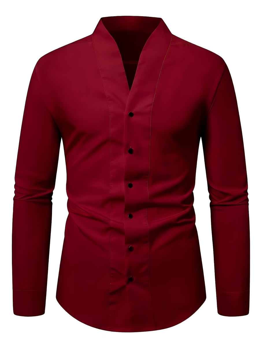 Men'S Solid Color V-Neck Shirt Casual Business Formal Shirt Slim Fit Long-Sleeved Social Party Shirt, Soft And Skin-Friendly Fabric, Suitable for Wearing in All 4 Seasons, Autumn, Stretchy, Office, Button - Burgundy