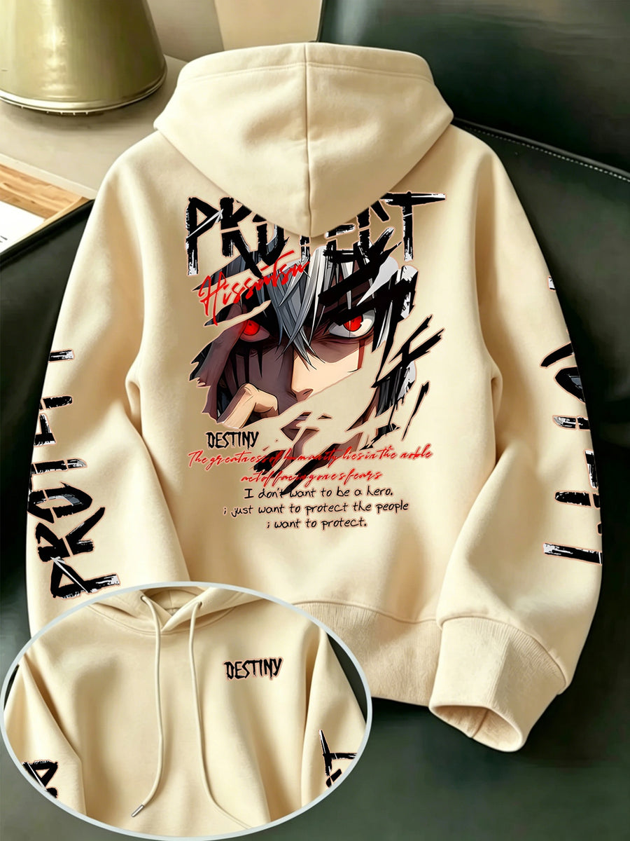 Limited-Time Special Offer: Single-pc Unisex Black Knitted Hooded Sweatshirt with Anime Boy Portrait Graffiti and English Print, Trendy Cool Anime-Style Loose Drop-Shoulder Hoodie for Spring/Autumn, Casual Wear for Outings and Gatherings - Apricot