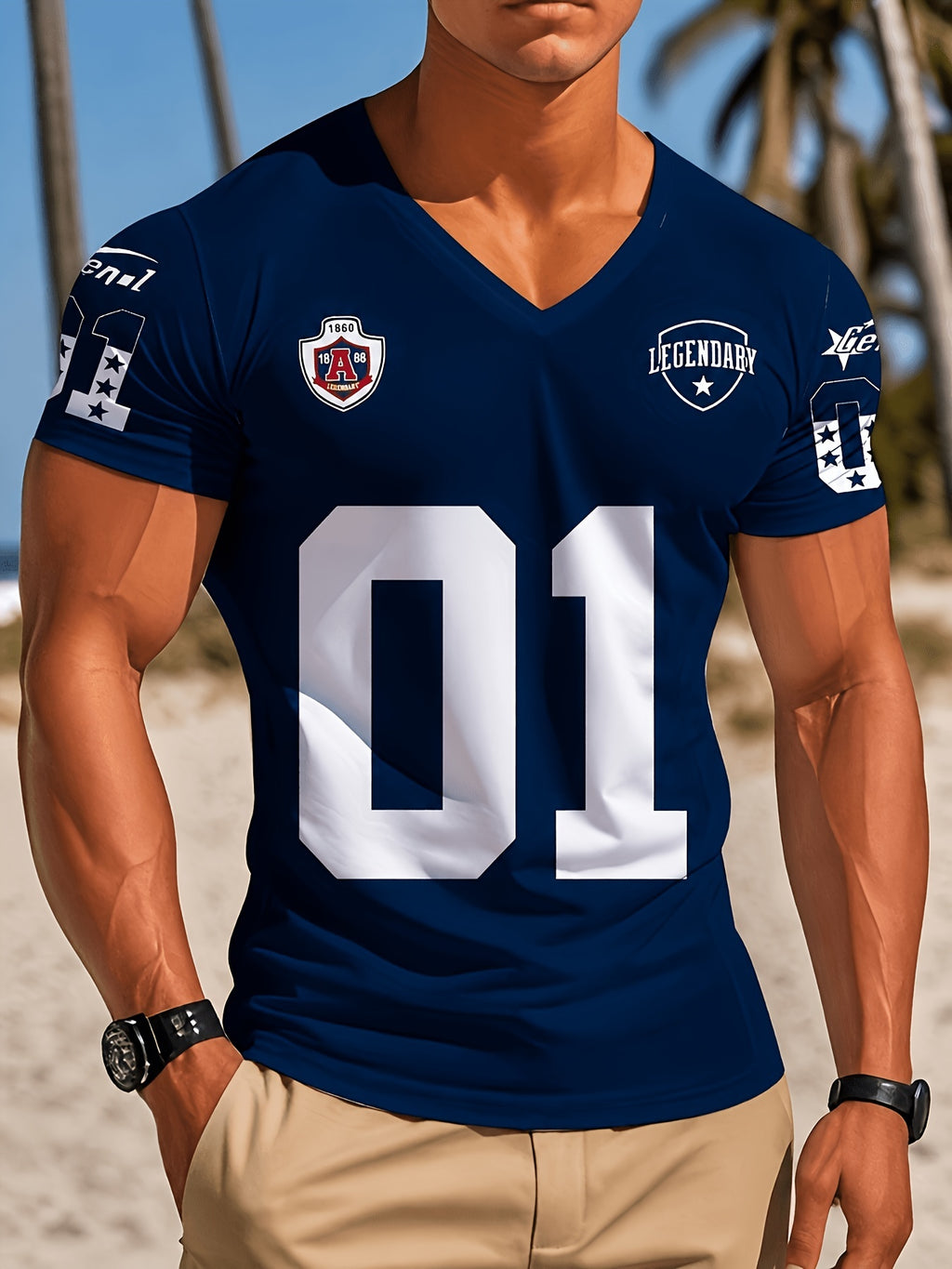 Men's V-Neck Short-Sleeve T-Shirt with Numbered 01 Print - Soft Fabric Suitable for All Occasions, Casual & Outdoor Wear, Machine Washable Regular Fit Tee, Minimalist Design for Sports and Everyday Use - Non- for - Mixed Color 3