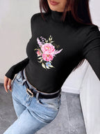 Women'S 2026 New Fashion Half-Turtleneck Long Sleeve Body Suit, Casual Texture Fall Winter Style, Essential Basic Base Layer for Fall Winter, Slim Sexy Comfortable Warm "Pink Peonies Lavender Blue Flower Joyful Leaves" - Black