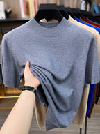 [Wading Whale OBM] 1pc Spring Summer New Men'S Knit Pullover Sweater, Old Money Style Textured Solid Color Short Sleeve T-Shirt, Casual Fashion Thin Breathable Ribbed Pullover Sweater Base Layer Top, Suitable for Spring And Summer Wear - Light Grey