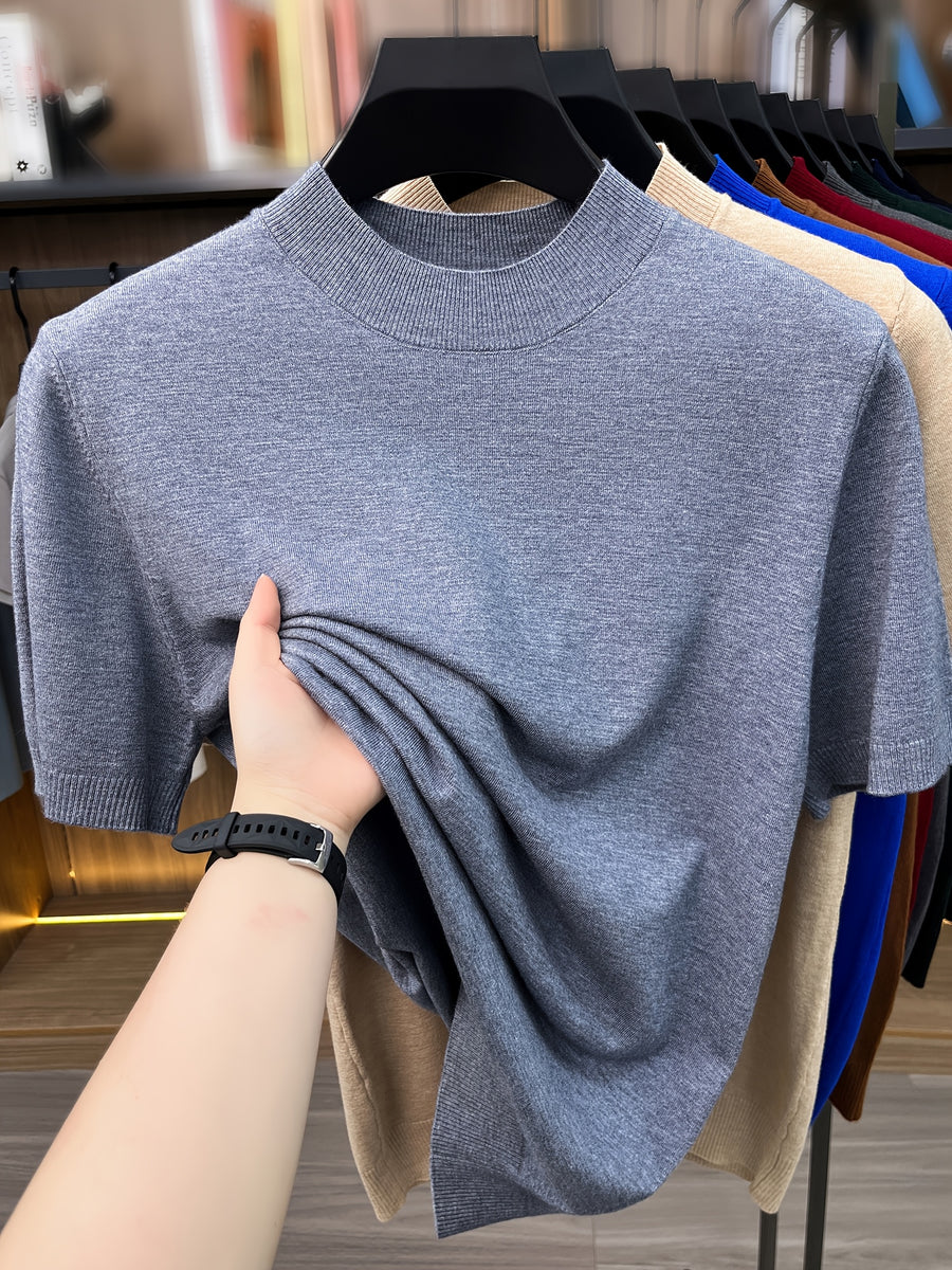 [Wading Whale OBM] 1pc Spring Summer New Men'S Knit Pullover Sweater, Old Money Style Textured Solid Color Short Sleeve T-Shirt, Casual Fashion Thin Breathable Ribbed Pullover Sweater Base Layer Top, Suitable for Spring And Summer Wear - Light Grey