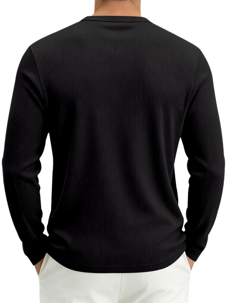 Men's Spring Fall Heavyweight Ribbed Henley Shirt, American Retro Casual Long Sleeve Top, Breathable Loose Commute Henley Neck Tee - Black