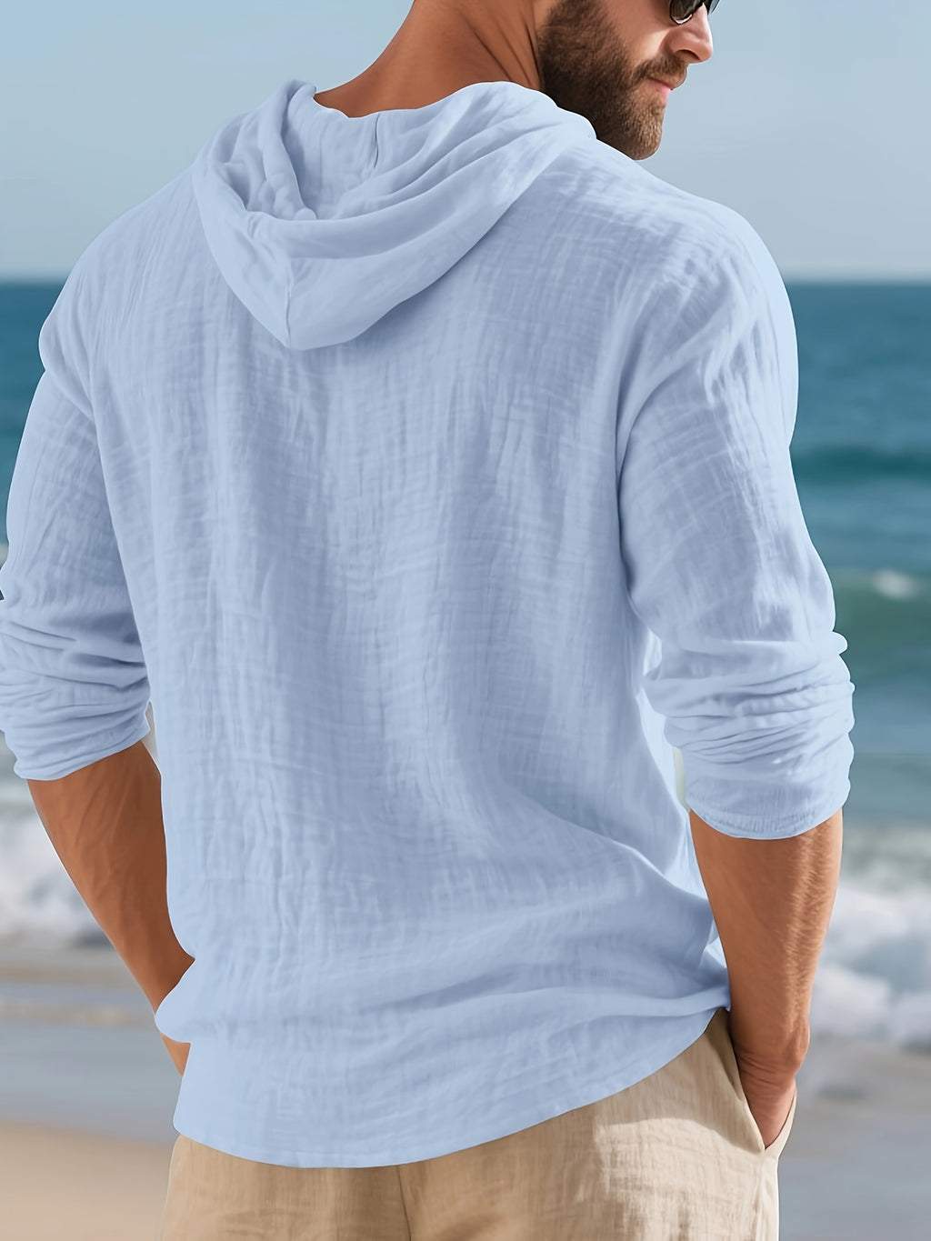 Men'S Casual Linen Hoodie Shirt, Long Sleeve Henley Top with Button Placket, Hooded Design And Comfortable Loose Fit, Made from Lightweight Breathable Linen Material, Perfect for Beach Trips, Tropical Holidays, Cruise Travel, And Summer Daily Wear - Light Blue