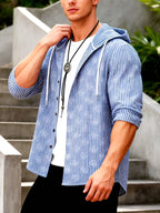 Men's Blue and White Vertical Stripe Textured Hooded Shirt Jacket with Three-Quarter Sleeves, Drawstring Hood, and Open Front. Vintage Casual Top, Versatile Daily Commute Outer Shirt - Sky Blue